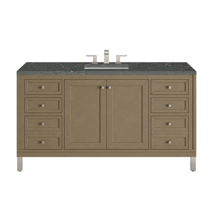 Chicago 60" Single Vanity, Walnut Whisper, w/ 3 CM Parisien Bleu Silestone® Top w/FreePower Wireless Charger