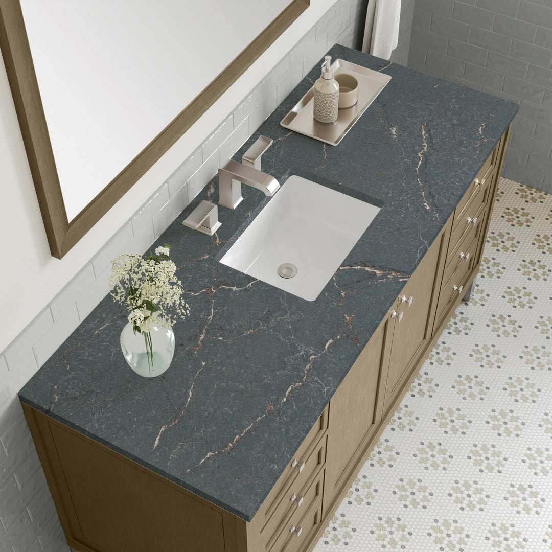 Chicago 60" Single Vanity, Walnut Whisper, w/ 3 CM Parisien Bleu Silestone® Top w/FreePower Wireless Charger