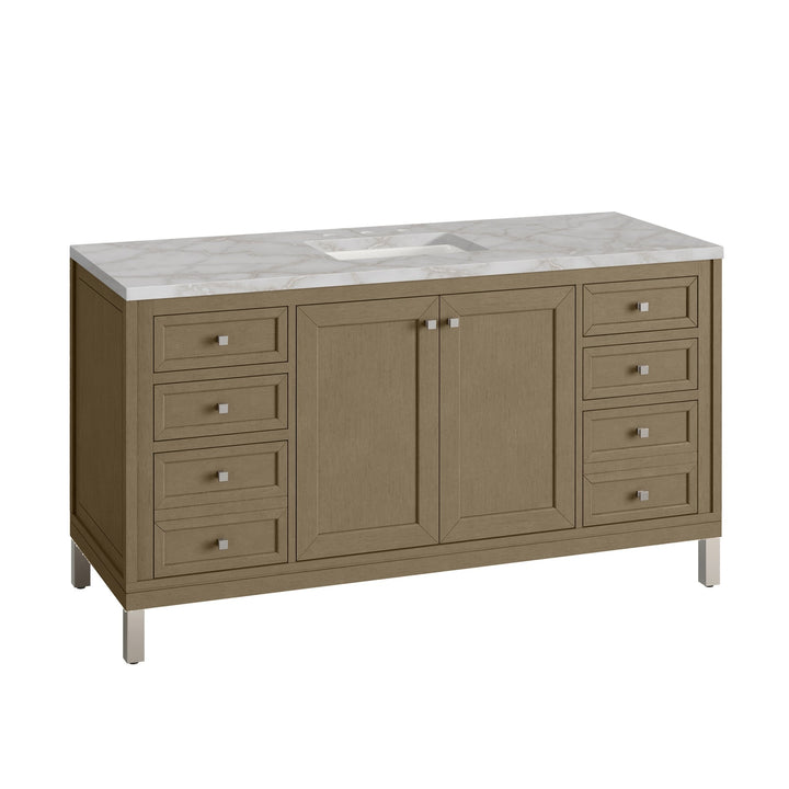 Chicago 60" Single Vanity, Walnut Whisper, w/ 3 CM Victorian Silver Silestone® Top