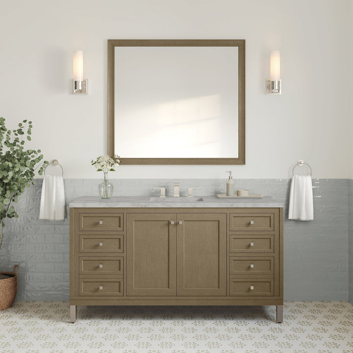 Chicago 60" Single Vanity, Walnut Whisper, w/ 3 CM Victorian Silver Silestone Top w/ FreePower Wireless Charger