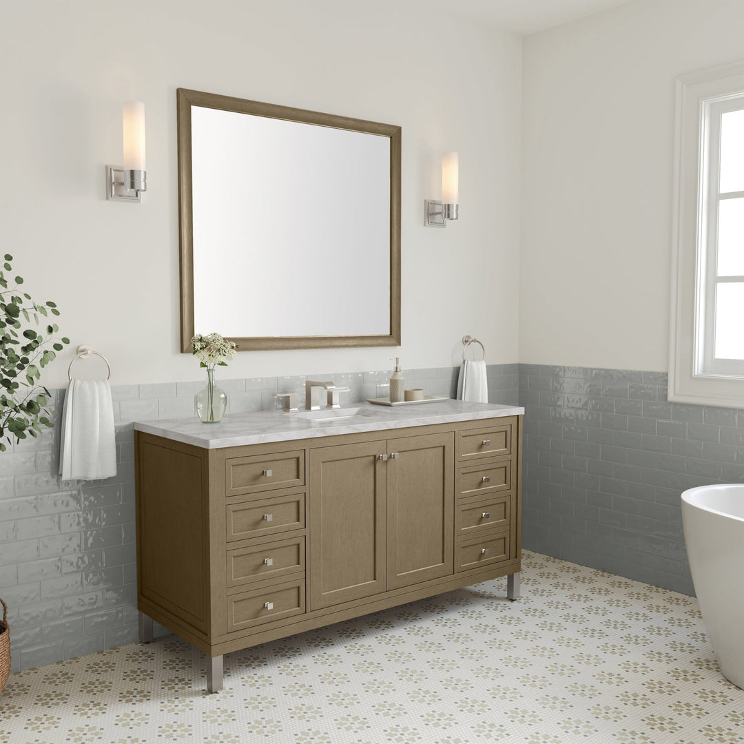 Chicago 60" Single Vanity, Walnut Whisper, w/ 3 CM Victorian Silver Silestone Top w/ FreePower Wireless Charger
