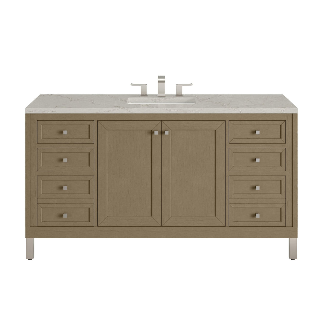 Chicago 60" Single Vanity, Walnut Whisper, w/ 3 CM Victorian Silver Silestone Top w/ FreePower Wireless Charger