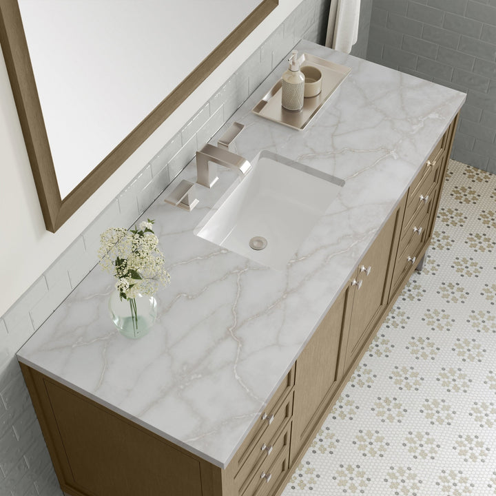 Chicago 60" Single Vanity, Walnut Whisper, w/ 3 CM Victorian Silver Silestone Top w/ FreePower Wireless Charger