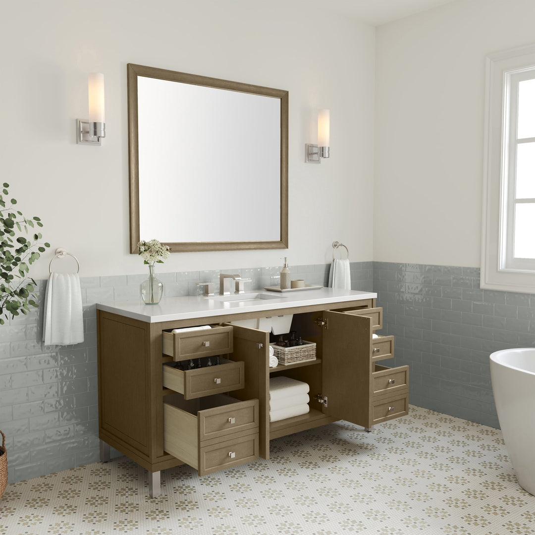 Chicago 60" Single Vanity, Walnut Whisper, w/ 3 CM White Zeus Silestone® Top