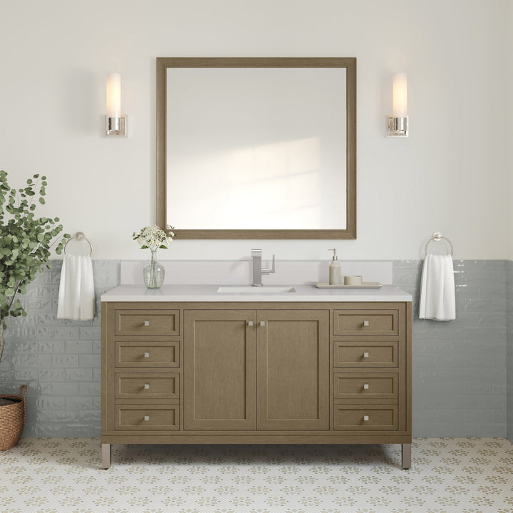 Chicago 60" Single Vanity, Walnut Whisper, w/ Single Hole 3CM White Zeus Silestone® Top & Backsplash