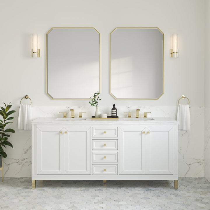 Chicago 72" Double Vanity, Glossy White, w/ 3 CM Arctic Fall Solid Surface Top