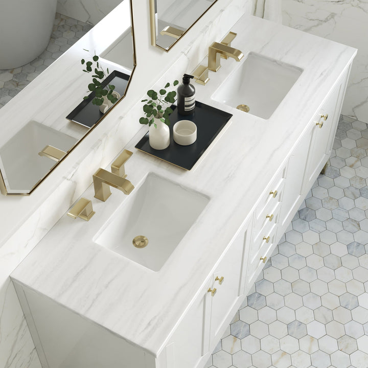 Chicago 72" Double Vanity, Glossy White, w/ 3 CM Arctic Fall Solid Surface Top