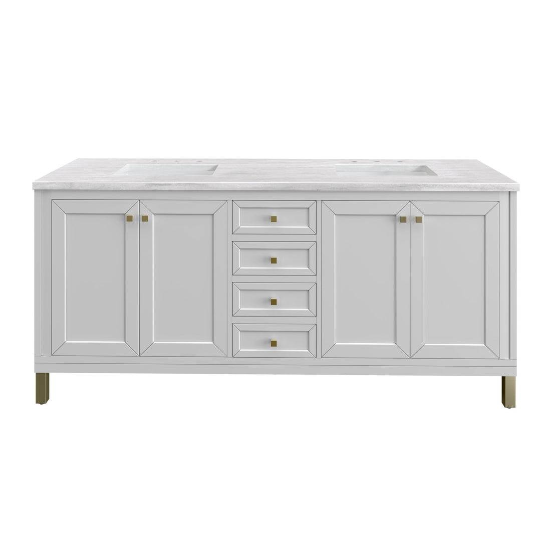 Chicago 72" Double Vanity, Glossy White, w/ 3 CM Arctic Fall Solid Surface Top