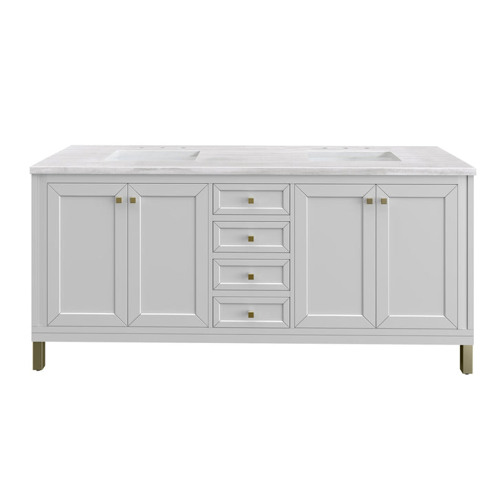 Chicago 72" Double Vanity, Glossy White, w/ 3 CM Arctic Fall Solid Surface Top