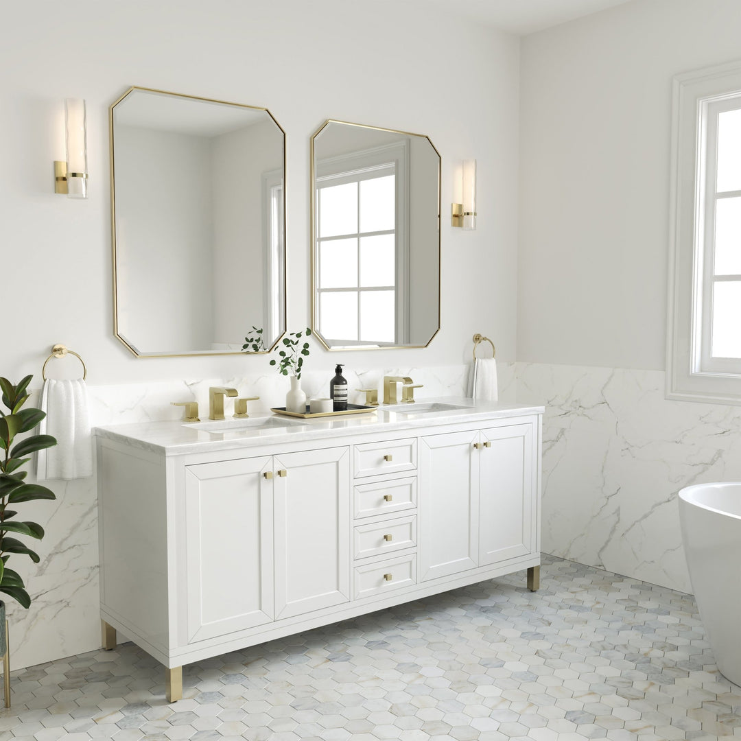 Chicago 72" Double Vanity, Glossy White, w/ 3 CM Arctic Fall Solid Surface Top