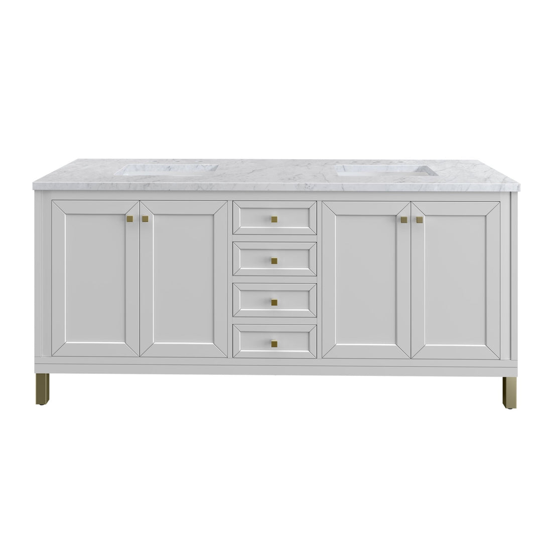 Chicago 72" Double Vanity, Glossy White, w/ 3 CM Carrara Marble Top