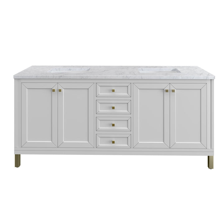 Chicago 72" Double Vanity, Glossy White, w/ 3 CM Carrara Marble Top