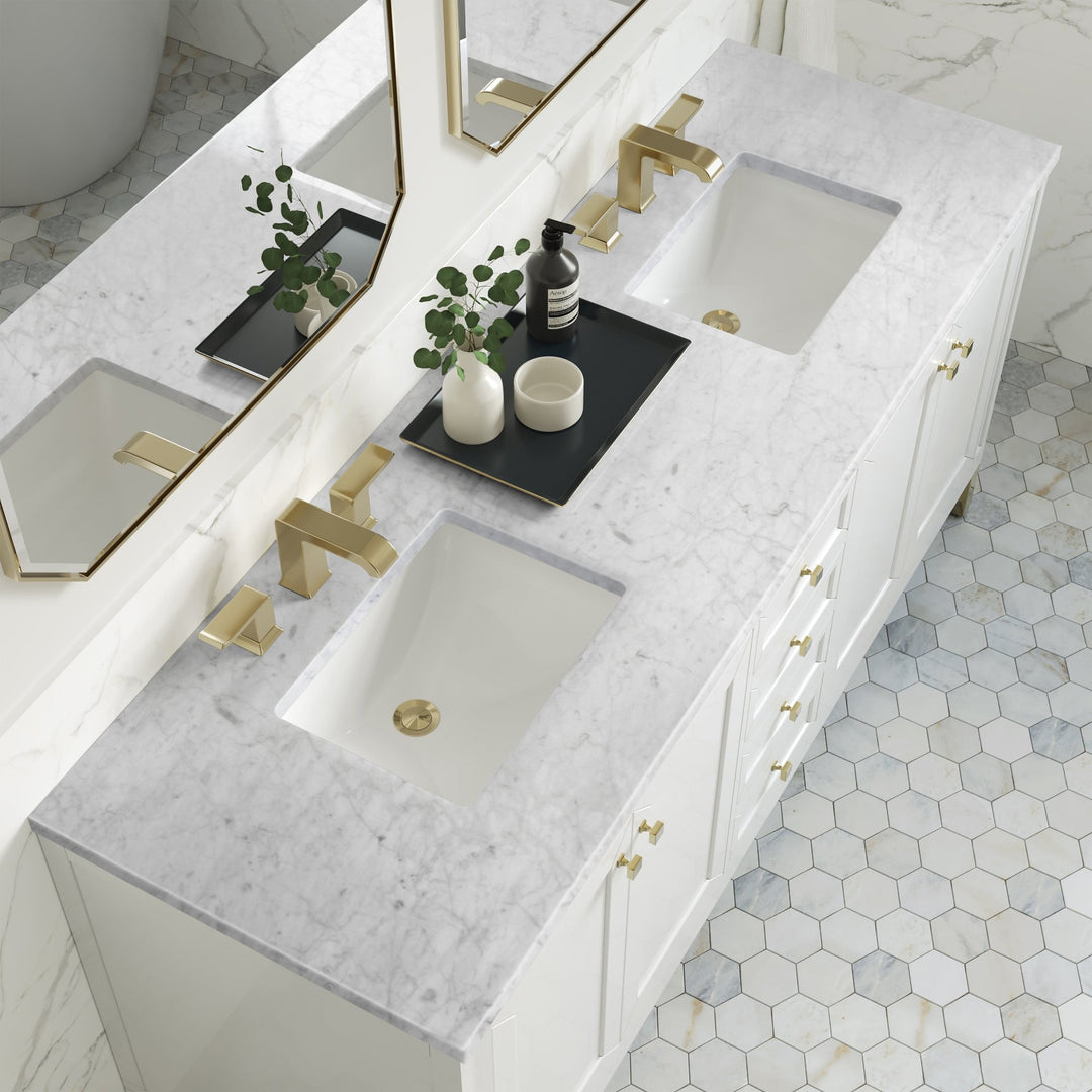 Chicago 72" Double Vanity, Glossy White, w/ 3 CM Carrara Marble Top