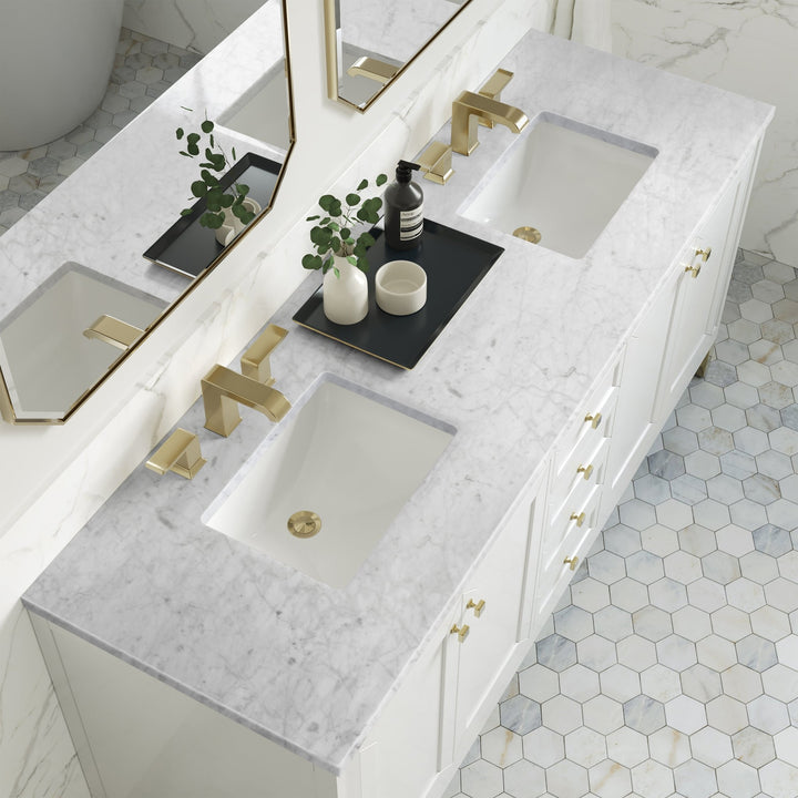 Chicago 72" Double Vanity, Glossy White, w/ 3 CM Carrara Marble Top
