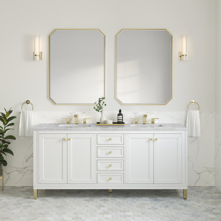 Chicago 72" Double Vanity, Glossy White, w/ 3 CM Carrara Marble Top