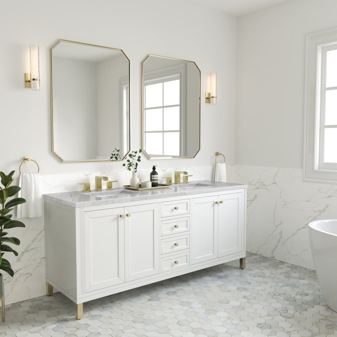 Chicago 72" Double Vanity, Glossy White, w/ 3 CM Carrara Marble Top