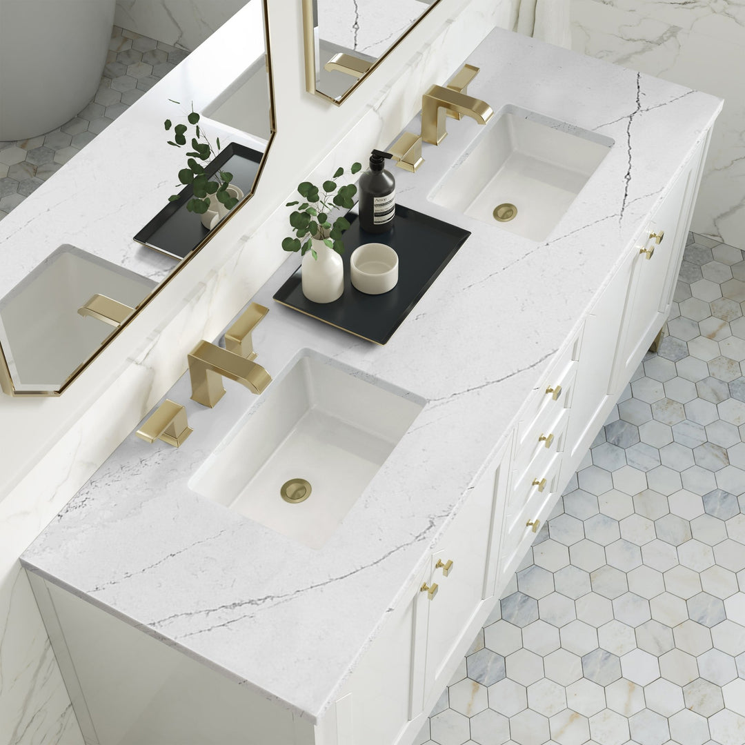 Chicago 72" Double Vanity, Glossy White, w/ 3 CM Ethereal Noctis Silestone® Top