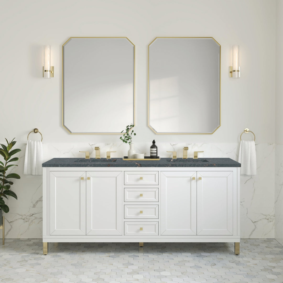 Chicago 72" Double Vanity, Glossy White, w/ 3 CM Parisien Bleu Silestone® Top