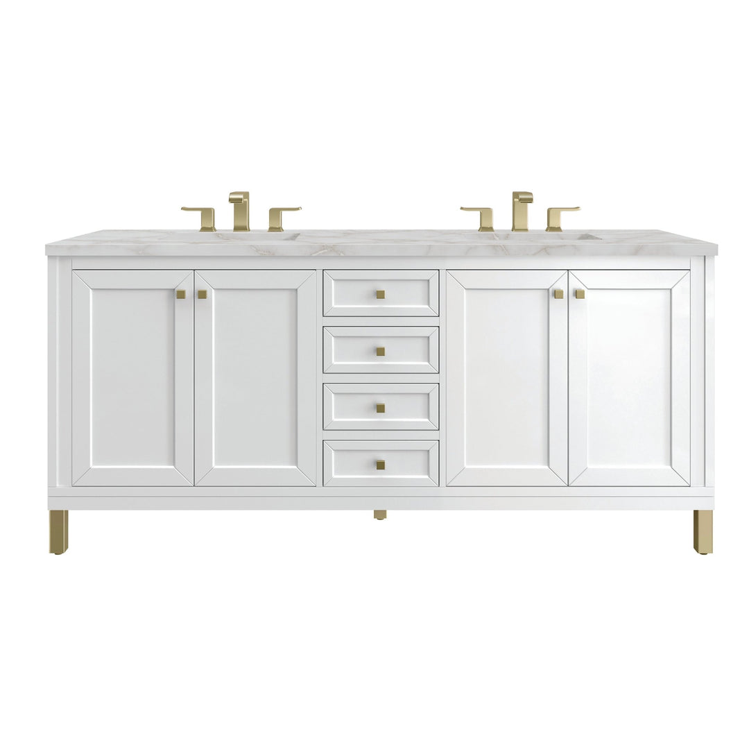 Chicago 72" Double Vanity, Glossy White, w/ 3 CM Victorian Silver Silestone Top w/ FreePower Wireless Charger