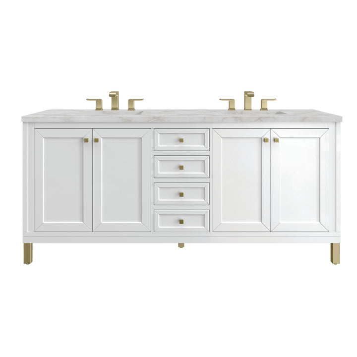 Chicago 72" Double Vanity, Glossy White, w/ 3 CM Victorian Silver Silestone Top w/ FreePower Wireless Charger