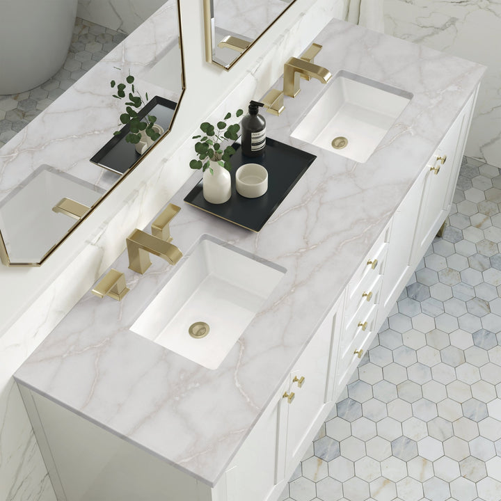 Chicago 72" Double Vanity, Glossy White, w/ 3 CM Victorian Silver Silestone Top w/ FreePower Wireless Charger
