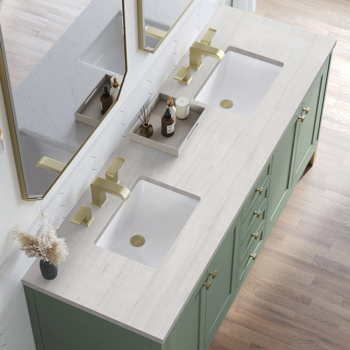 Chicago 72" Double Vanity, Smokey Celadon, w/ 3 CM Arctic Fall Solid Surface Top