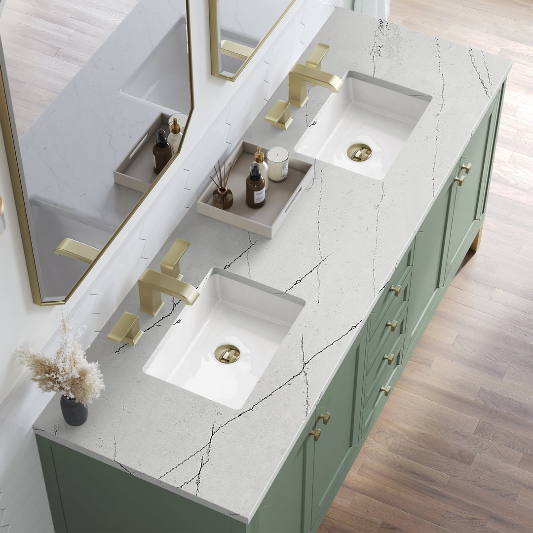 Chicago 72" Double Vanity, Smokey Celadon, w/ 3 CM Ethereal Noctis Silestone Top w/ FreePower Wireless Charger