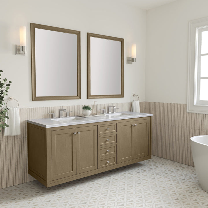 Chicago 72" Double Vanity, Walnut Whisper, w/ 3 CM Arctic Fall Solid Surface Top
