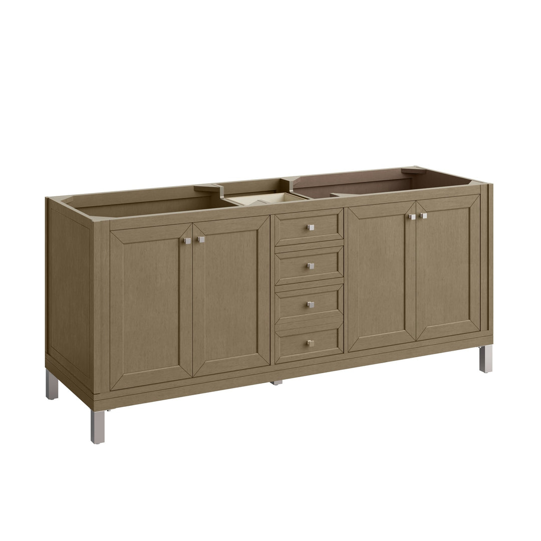 Chicago 72" Double Vanity, Walnut Whisper, w/ 3 CM Arctic Fall Solid Surface Top