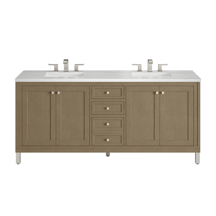 Chicago 72" Double Vanity, Walnut Whisper, w/ 3 CM Arctic Fall Solid Surface Top