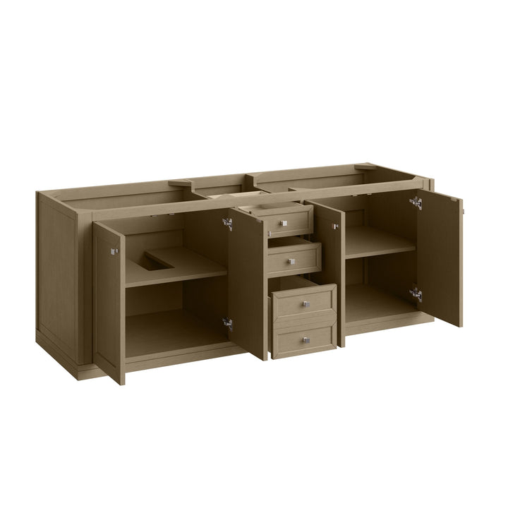 Chicago 72" Double Vanity, Walnut Whisper, w/ 3 CM Arctic Fall Solid Surface Top