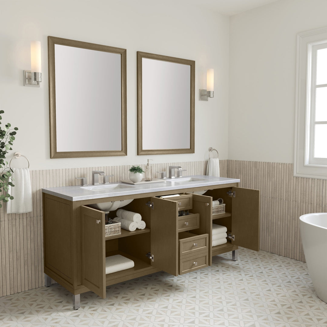 Chicago 72" Double Vanity, Walnut Whisper, w/ 3 CM Arctic Fall Solid Surface Top