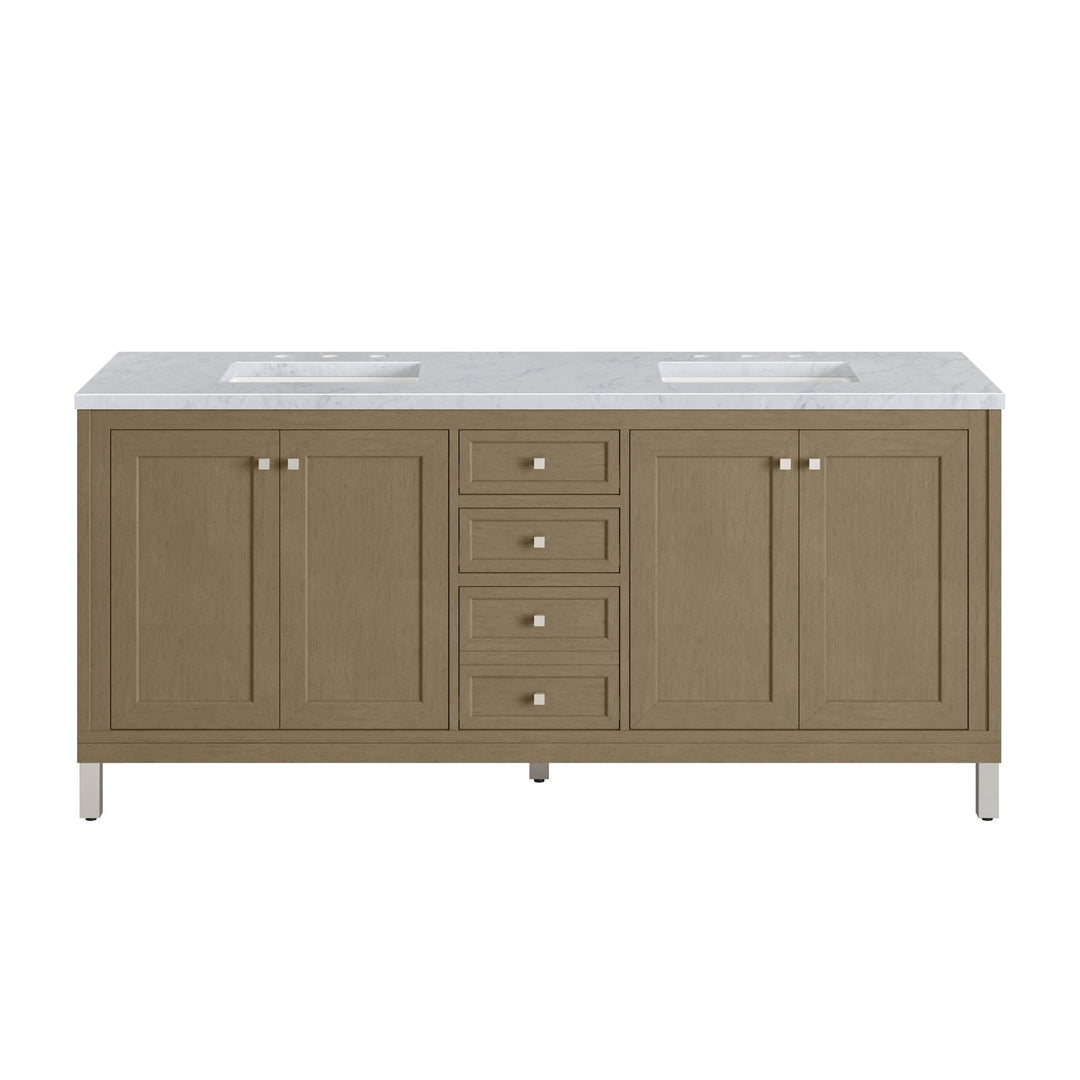 Chicago 72" Double Vanity, Walnut Whisper, w/ 3 CM Carrara Marble Top