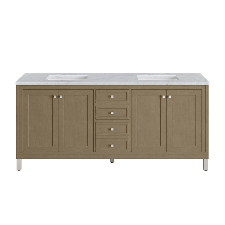 Chicago 72" Double Vanity, Walnut Whisper, w/ 3 CM Carrara Marble Top