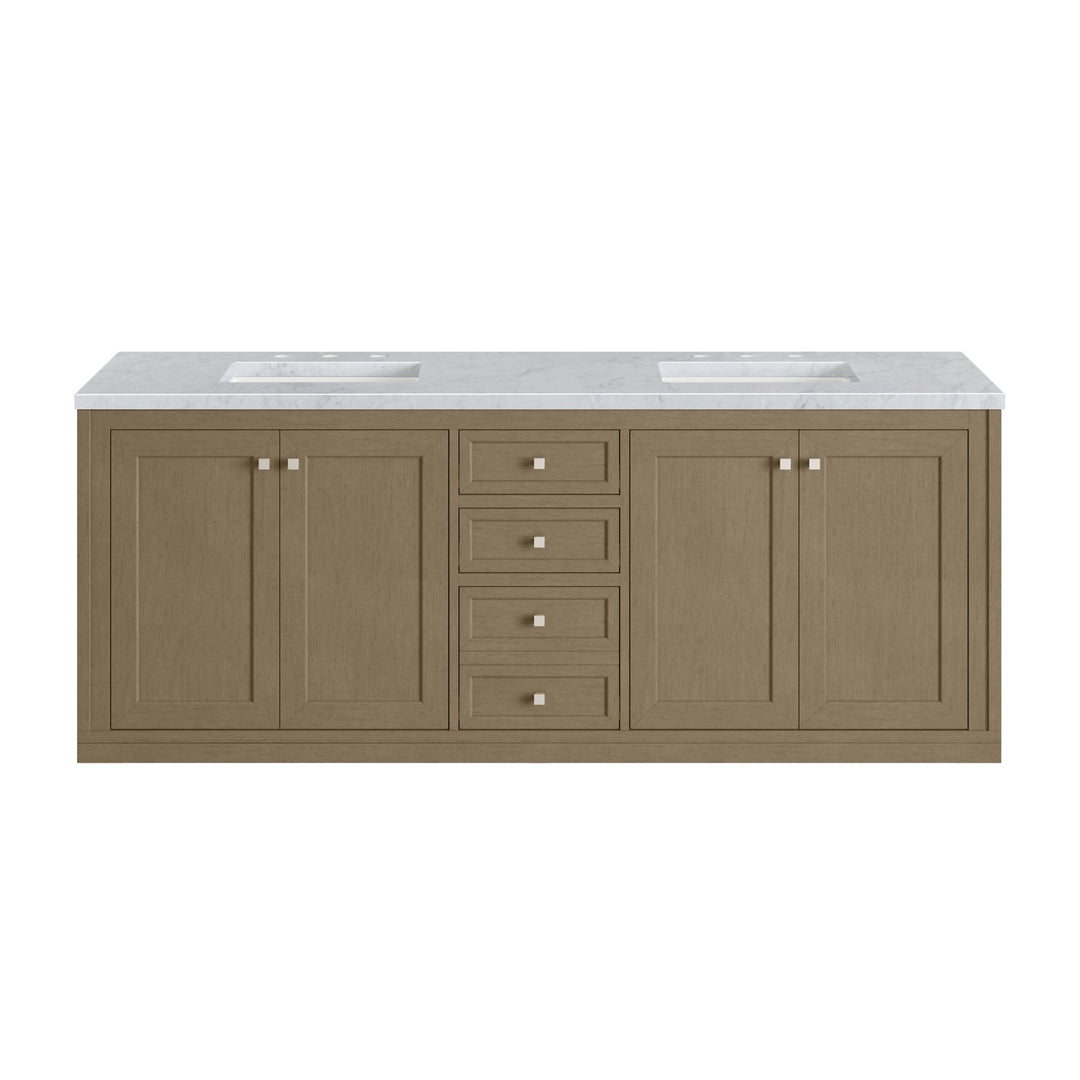 Chicago 72" Double Vanity, Walnut Whisper, w/ 3 CM Carrara Marble Top