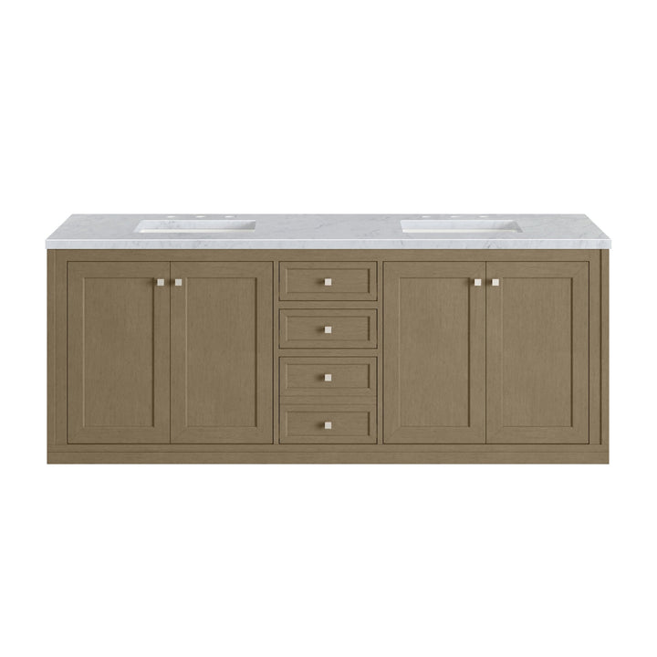 Chicago 72" Double Vanity, Walnut Whisper, w/ 3 CM Carrara Marble Top
