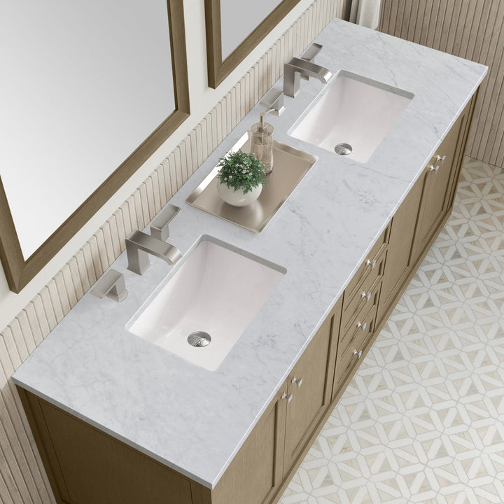 Chicago 72" Double Vanity, Walnut Whisper, w/ 3 CM Carrara Marble Top