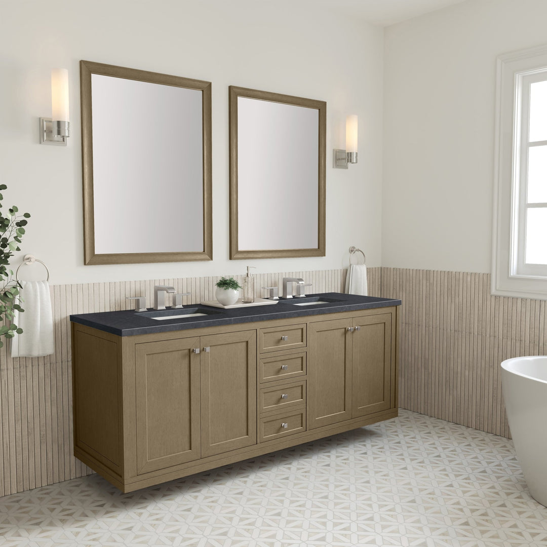 Chicago 72" Double Vanity, Walnut Whisper, w/ 3 CM Charcoal Soapstone Silestone® Top