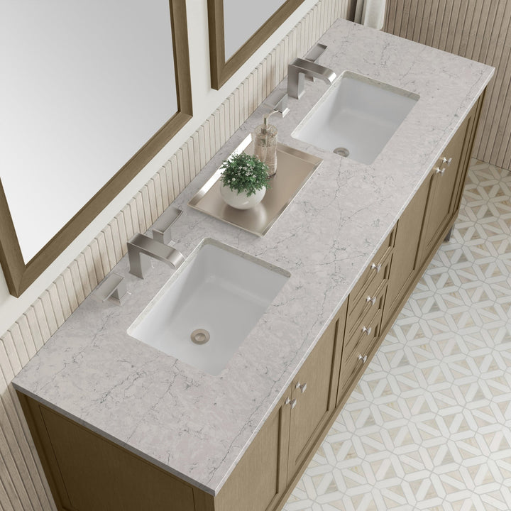 Chicago 72" Double Vanity, Walnut Whisper, w/ 3 CM Eternal Jasmine Pearl Silestone® Top
