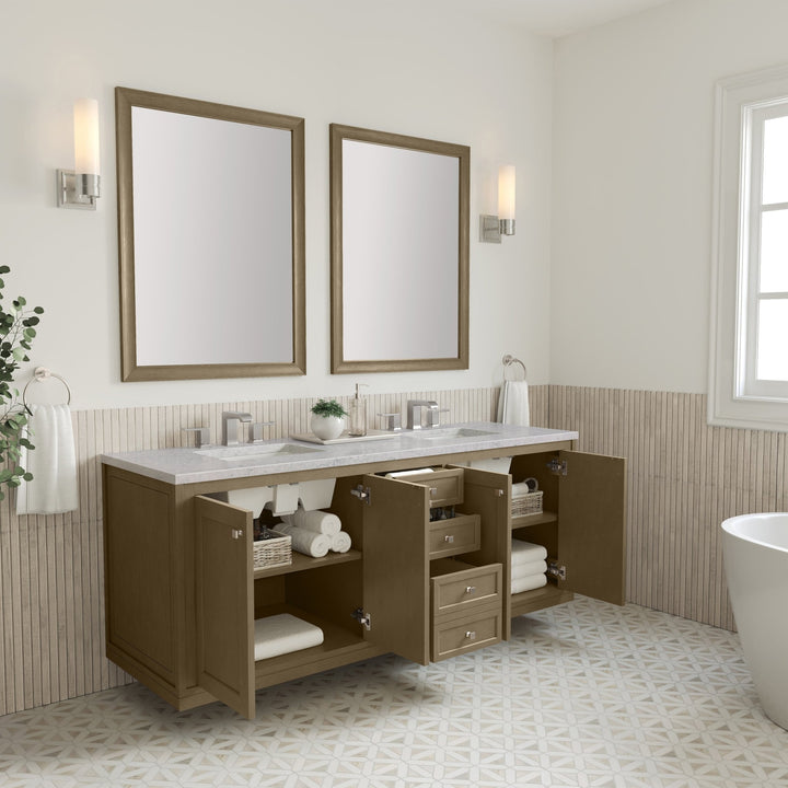 Chicago 72" Double Vanity, Walnut Whisper, w/ 3 CM Eternal Jasmine Pearl Silestone® Top