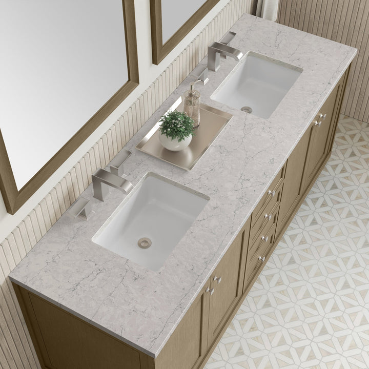 Chicago 72" Double Vanity, Walnut Whisper, w/ 3 CM Eternal Jasmine Pearl Silestone Top w/ FreePower Wireless Charger