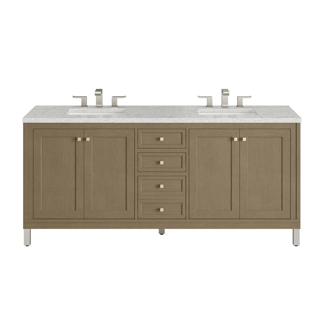 Chicago 72" Double Vanity, Walnut Whisper, w/ 3 CM Eternal Jasmine Pearl Silestone Top w/ FreePower Wireless Charger