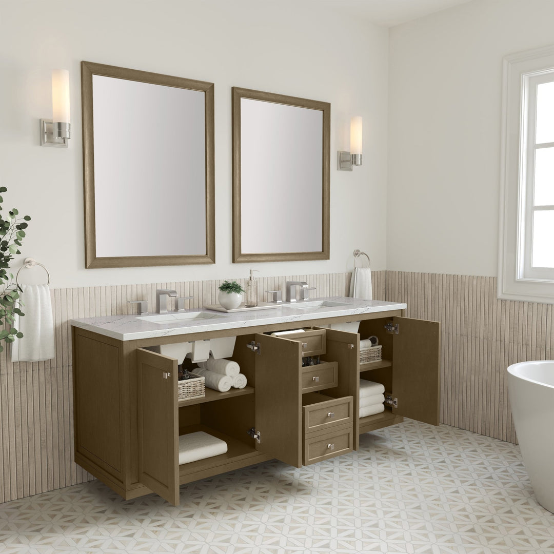 Chicago 72" Double Vanity, Walnut Whisper, w/ 3 CM Ethereal Noctis Silestone® Top