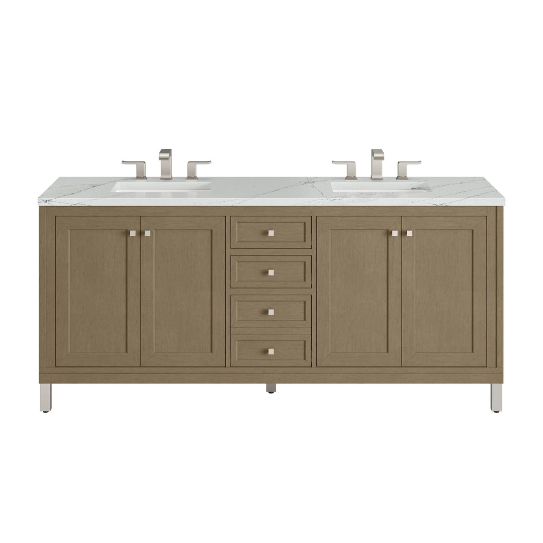 Chicago 72" Double Vanity, Walnut Whisper, w/ 3 CM Ethereal Noctis Silestone Top w/ FreePower Wireless Charger
