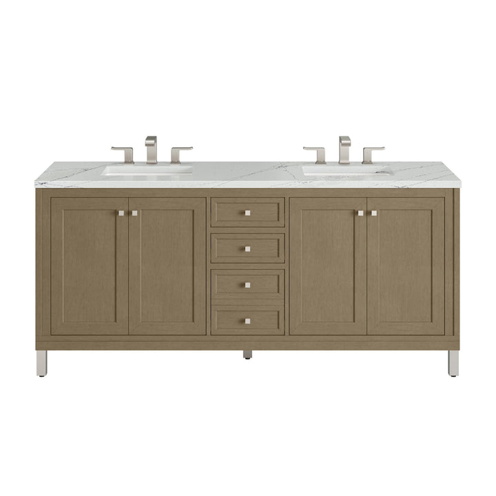 Chicago 72" Double Vanity, Walnut Whisper, w/ 3 CM Ethereal Noctis Silestone Top w/ FreePower Wireless Charger