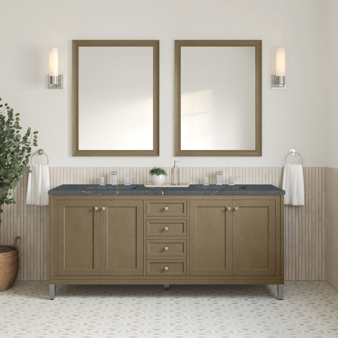 Chicago 72" Double Vanity, Walnut Whisper, w/ 3 CM Parisien Bleu Silestone® Top w/FreePower Wireless Charger