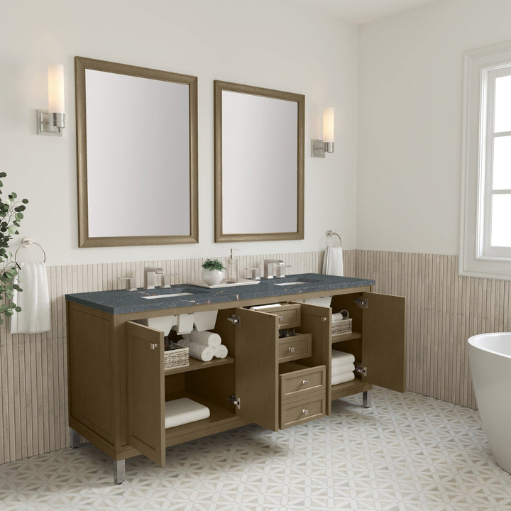 Chicago 72" Double Vanity, Walnut Whisper, w/ 3 CM Parisien Bleu Silestone® Top w/FreePower Wireless Charger