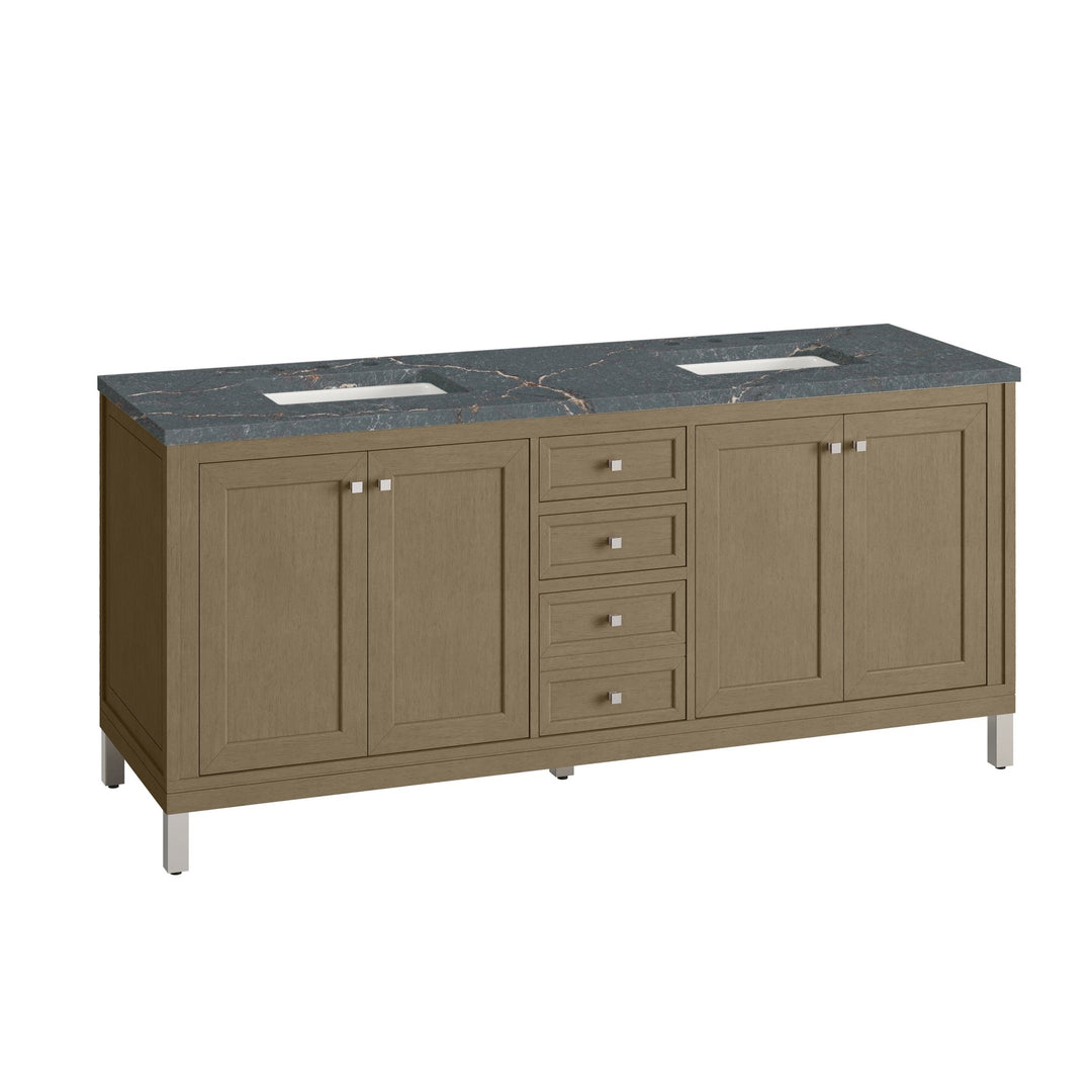 Chicago 72" Double Vanity, Walnut Whisper, w/ 3 CM Parisien Bleu Silestone® Top w/FreePower Wireless Charger