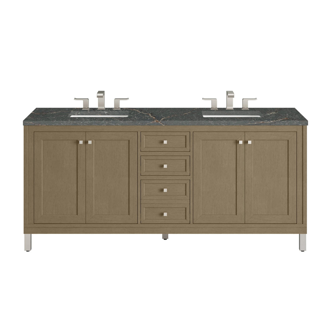 Chicago 72" Double Vanity, Walnut Whisper, w/ 3 CM Parisien Bleu Silestone® Top w/FreePower Wireless Charger