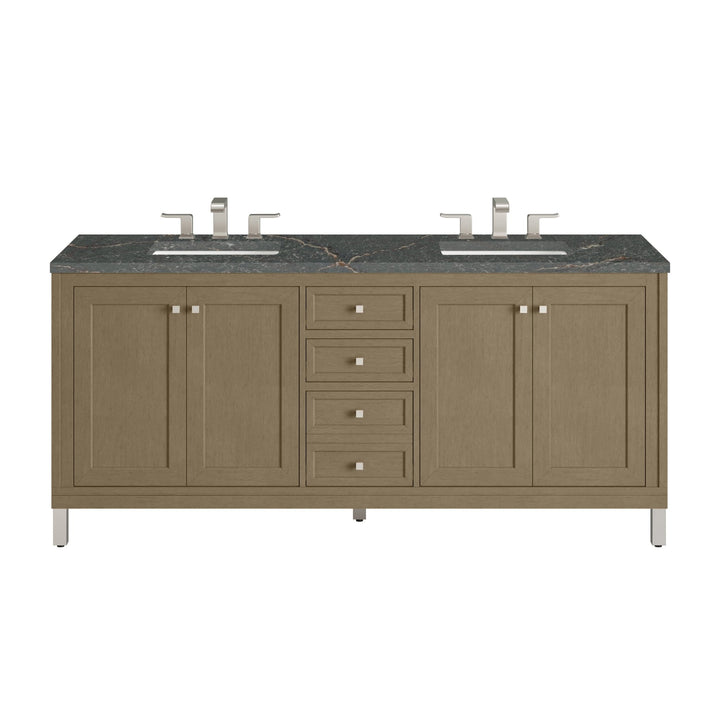 Chicago 72" Double Vanity, Walnut Whisper, w/ 3 CM Parisien Bleu Silestone® Top w/FreePower Wireless Charger